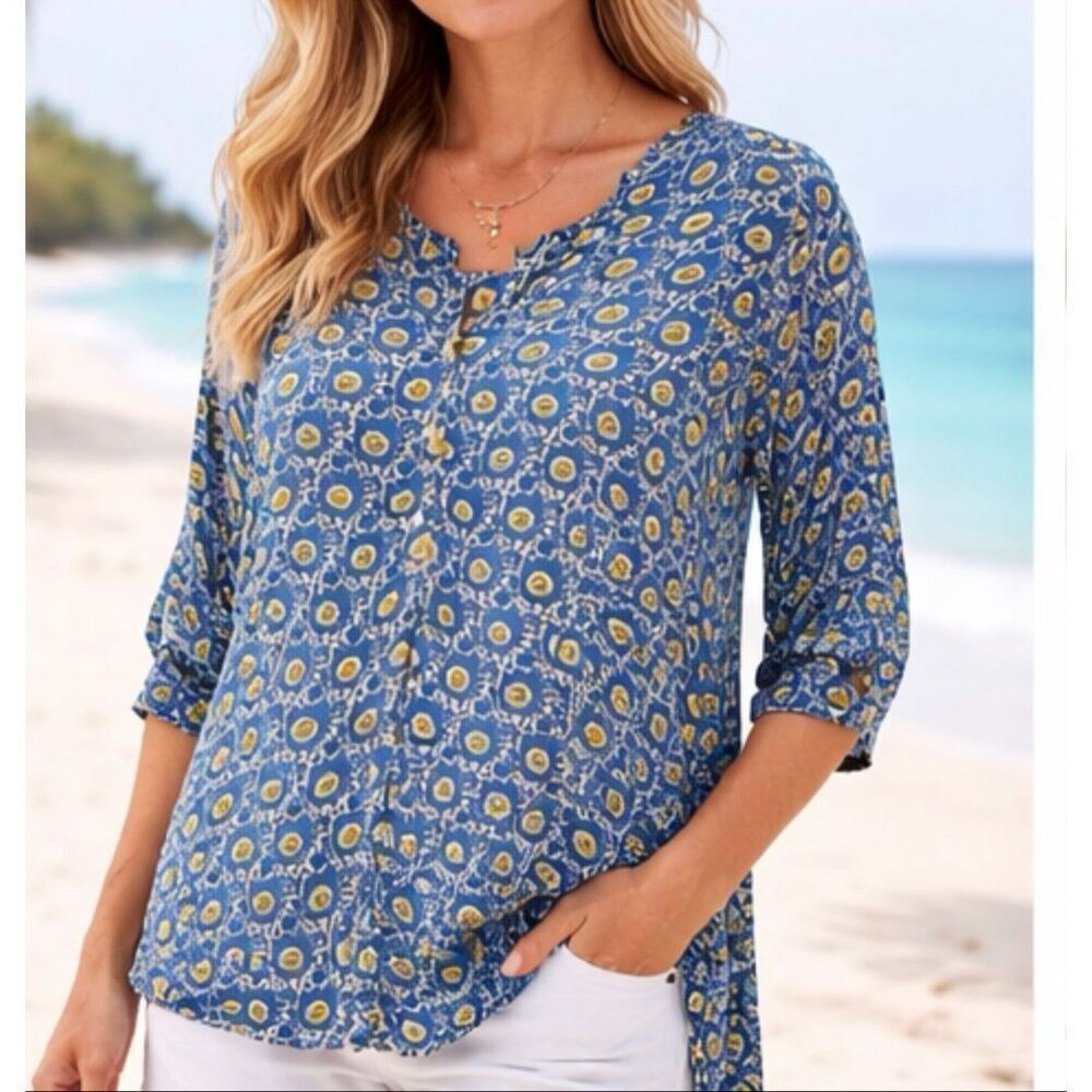 Rockflowerpaper blue block print geometric tunic blouse M
